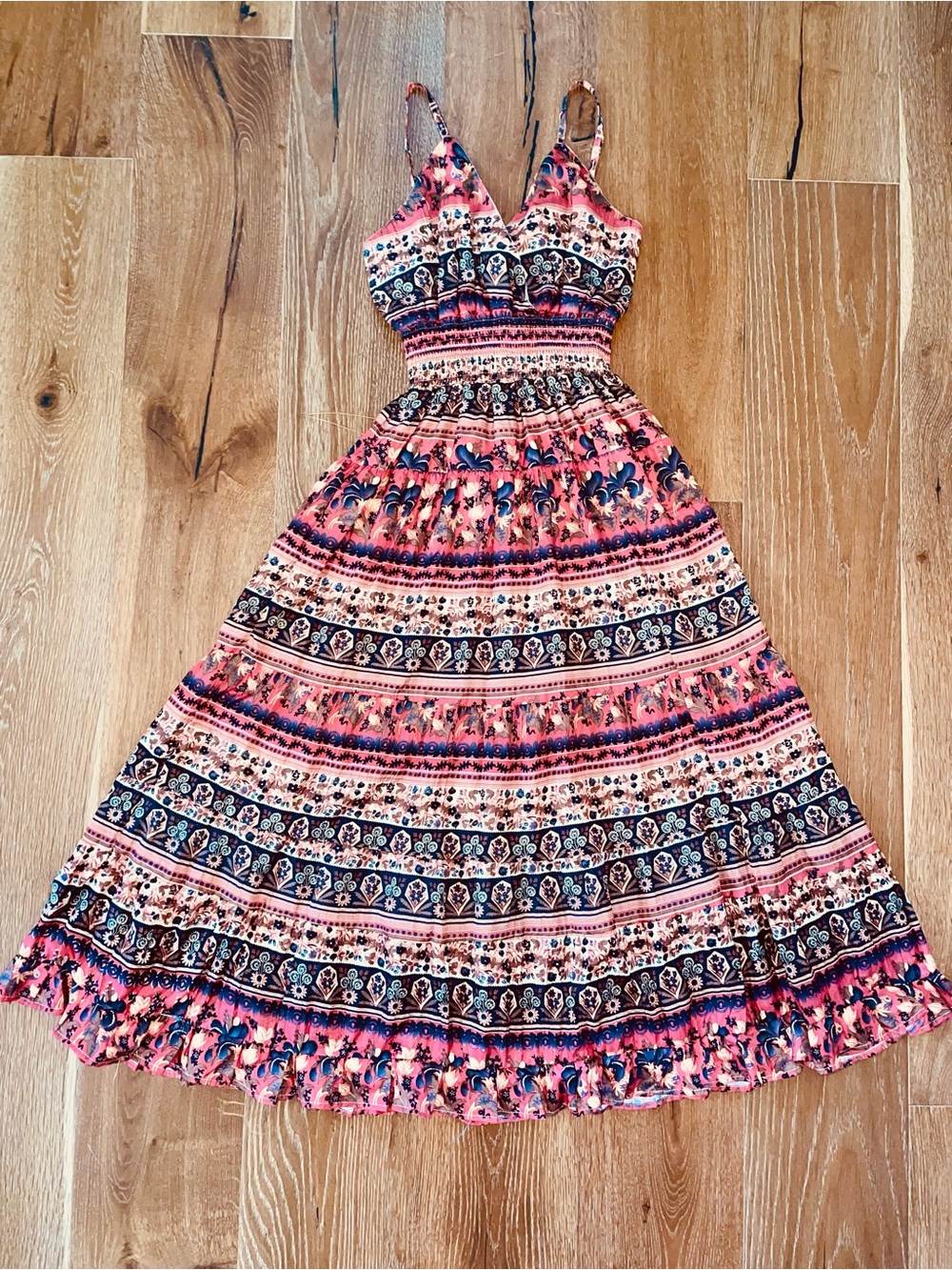 Boho Striped Floral Maxi Dress in Corals, Camel, Browns, and Black